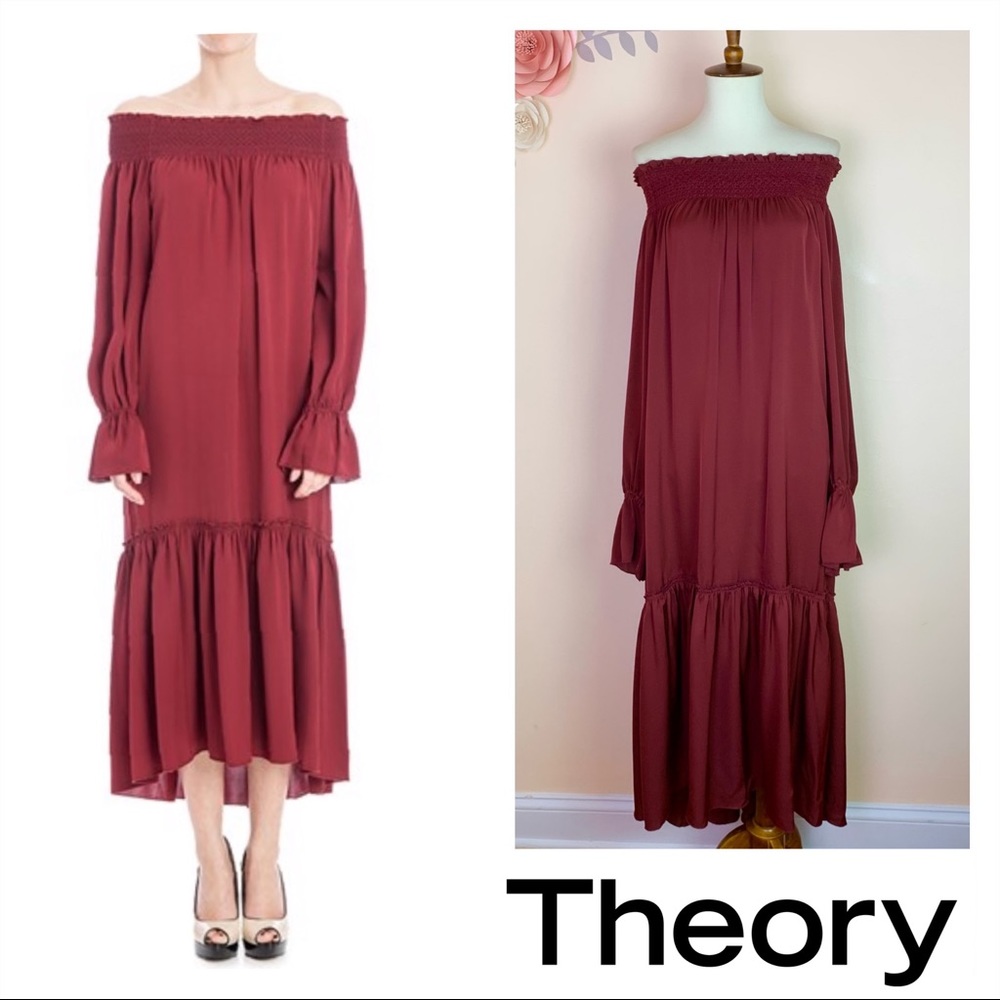 New! THEORY Belinsie Off Shoulder Silk Midi Dress